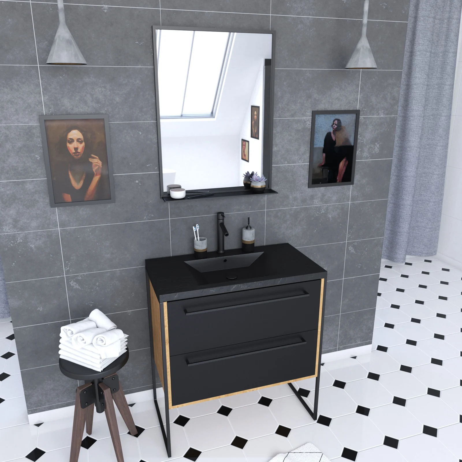 Meuble de salle de bain 80x50cm chene brun - 2 tiroirs noir mat - vasque resine noire effet pierre