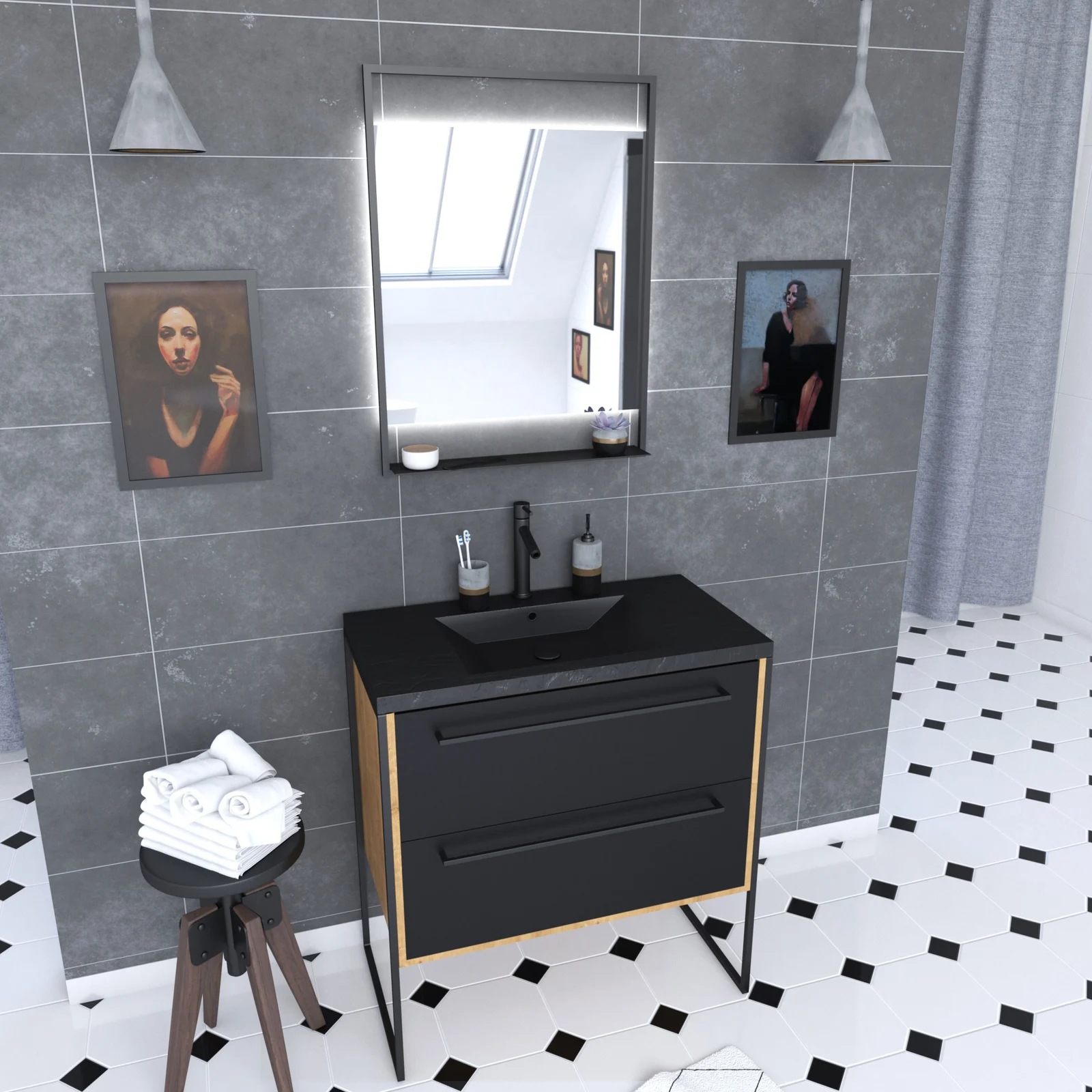 Meuble de salle de bain 80x50cm chene brun - 2 tiroirs - vasque resine noire effet pierre - miroir Meuble de salle de bain 80x50cm chene brun - 2 tiroirs - vasque resine noire effet pierre - miroir