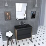 Meuble de salle de bain 80x50cm chene brun - 2 tiroirs noir mat - vasque resine noire effet pierre