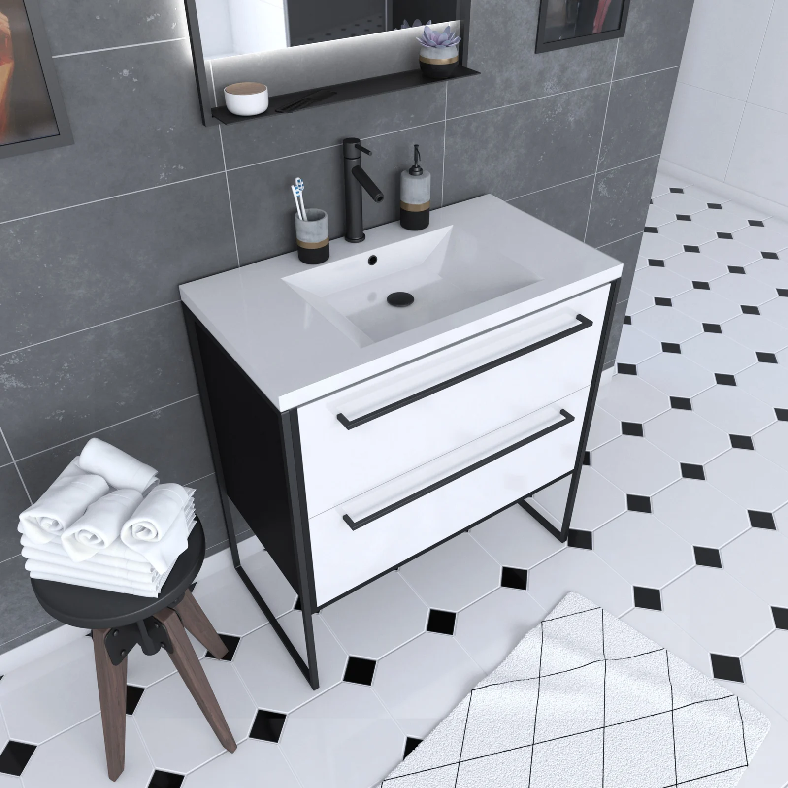 Meuble de salle de bain 80x50cm NOIR MAT - 2 tiroirs blanc - vasque blanche - STRUCTURA F034 Meuble de salle de bain 80x50cm NOIR MAT - 2 tiroirs blanc - vasque blanche - STRUCTURA F034