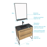 Meuble de salle de bain 80x50cm - tiroirs chêne brun - vasque résine noire effet pierre - miroir 