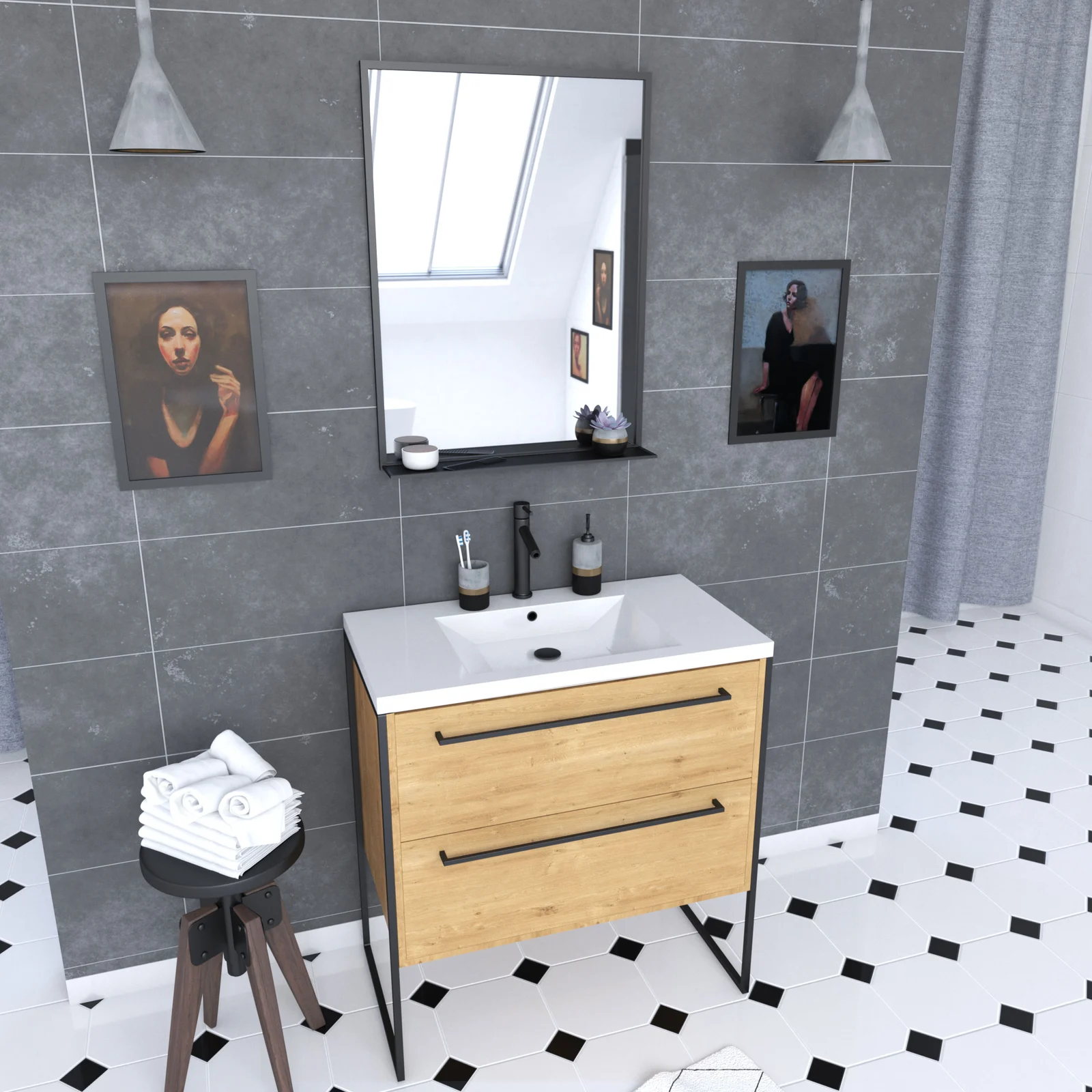 Meuble de salle de bain 80x50cm - vasque blanche - 2 tiroirs finition chêne naturel + miroir Meuble de salle de bain 80x50cm - vasque blanche - 2 tiroirs finition chêne naturel + miroir