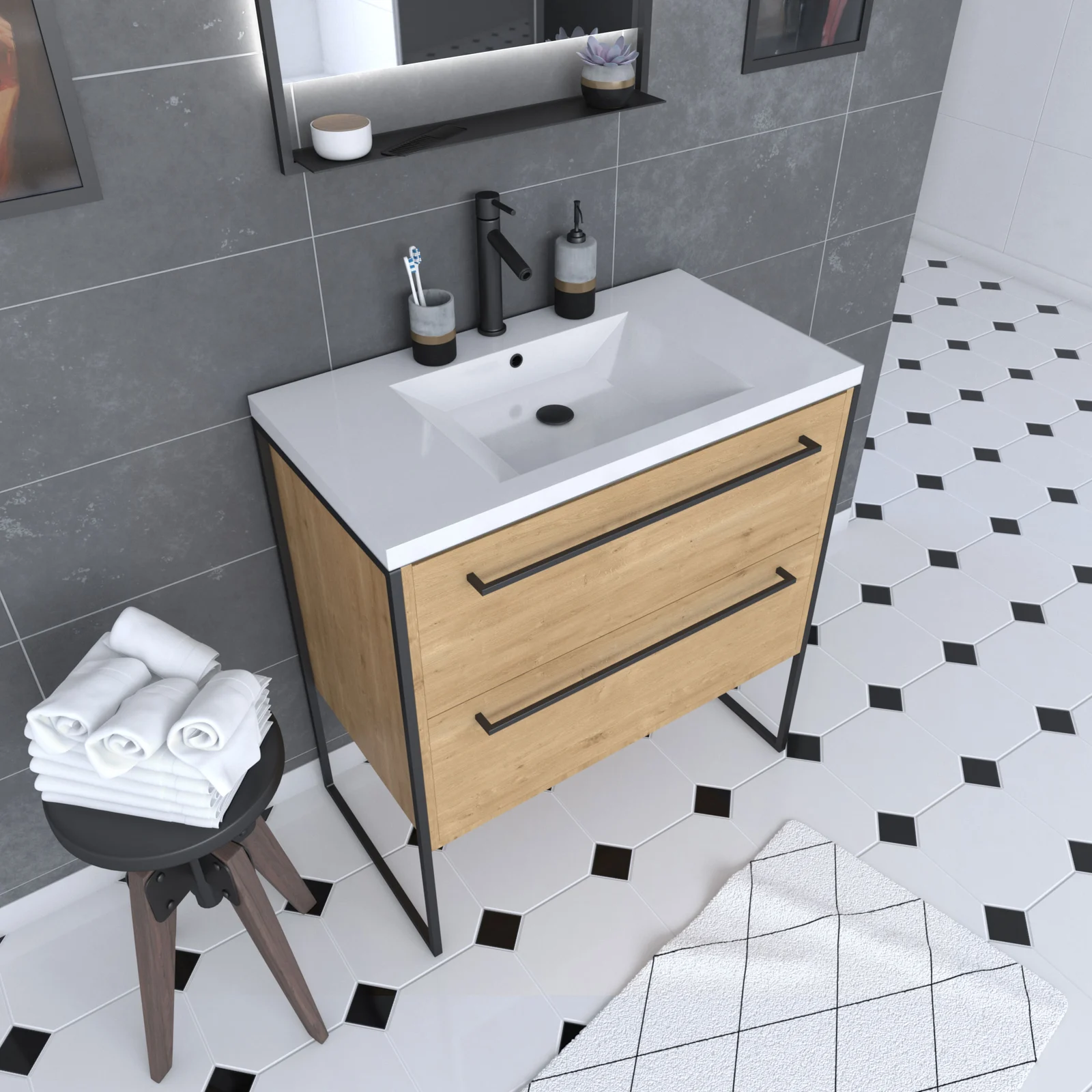 Meuble de salle de bain 80x50cm - vasque blanche 80x50cm - 2 tiroirs finition chêne naturel Meuble de salle de bain 80x50cm - vasque blanche 80x50cm - 2 tiroirs finition chêne naturel