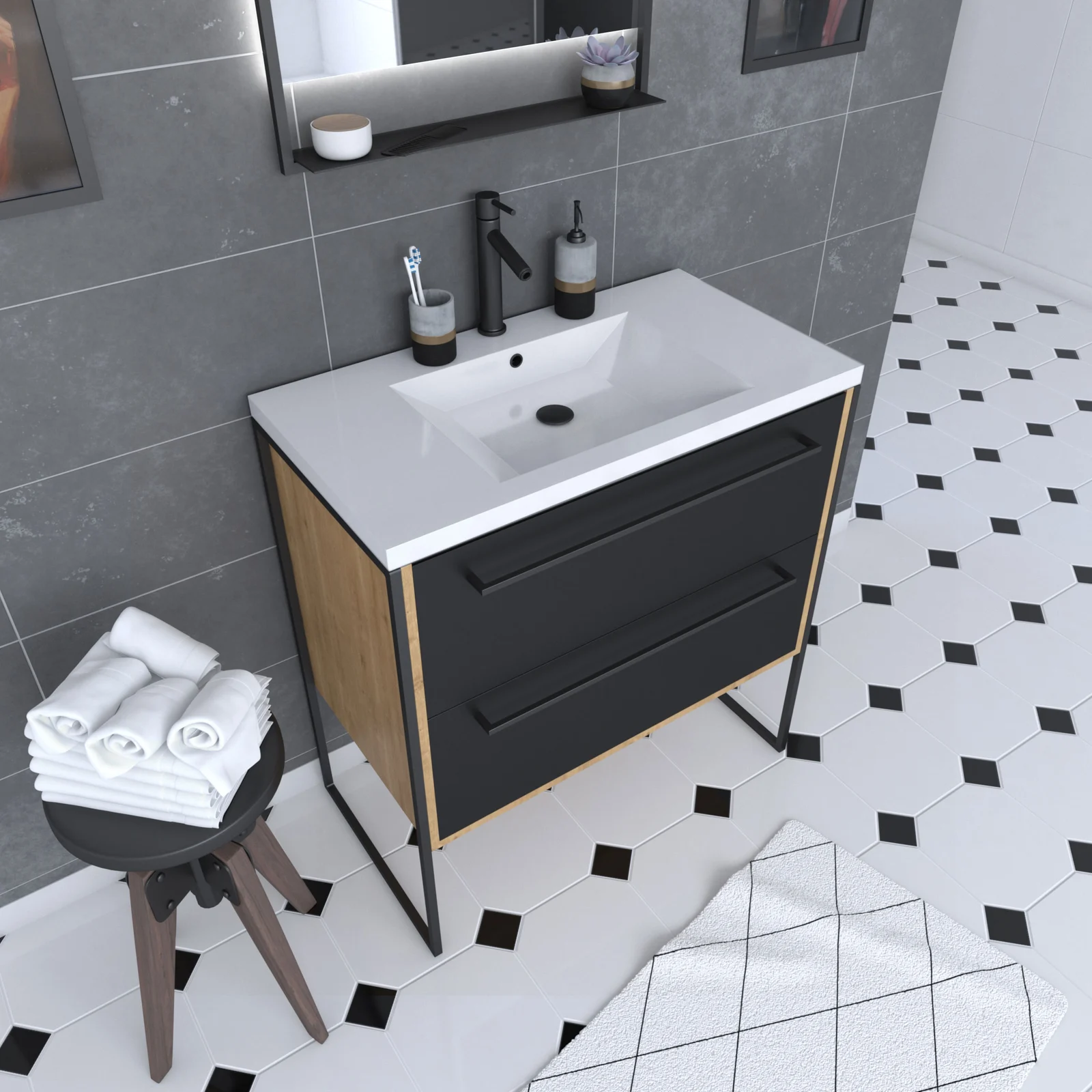 Meuble de salle de bain 80x50cm - vasque blanche 80x50cm - 2 tiroirs noir mat Meuble de salle de bain 80x50cm - vasque blanche 80x50cm - 2 tiroirs noir mat