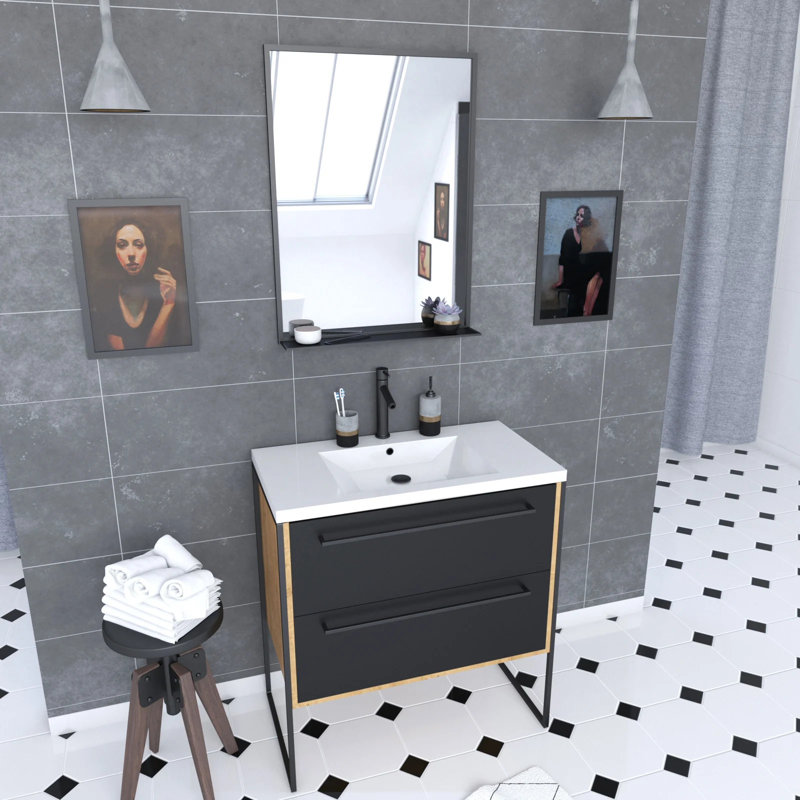 Meuble de salle de bain 80x50cm - vasque blanche 80x50cm - 2 tiroirs noir mat + miroir Meuble de salle de bain 80x50cm - vasque blanche 80x50cm - 2 tiroirs noir mat + miroir