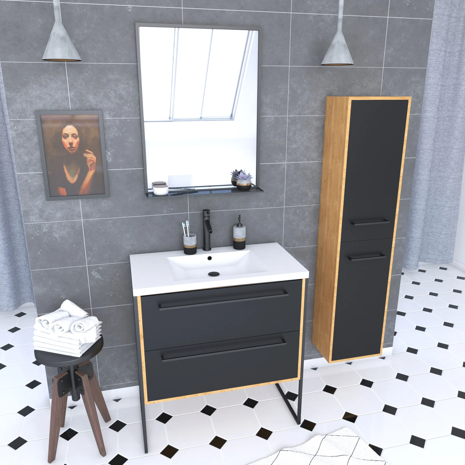 Meuble de salle de bain 80x50cm - vasque blanche 80x50cm -tiroirs noir mat + colonne + miroir Meuble de salle de bain 80x50cm - vasque blanche 80x50cm -tiroirs noir mat + colonne + miroir