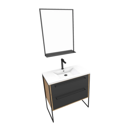 Meuble de salle de bain 80x50cm - vasque blanche 80x50cm - 2 tiroirs noir mat + miroir 