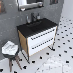 Meuble de salle de bain 80x50cm - vasque noir effet pierre 80x50cm - 2 tiroirs 