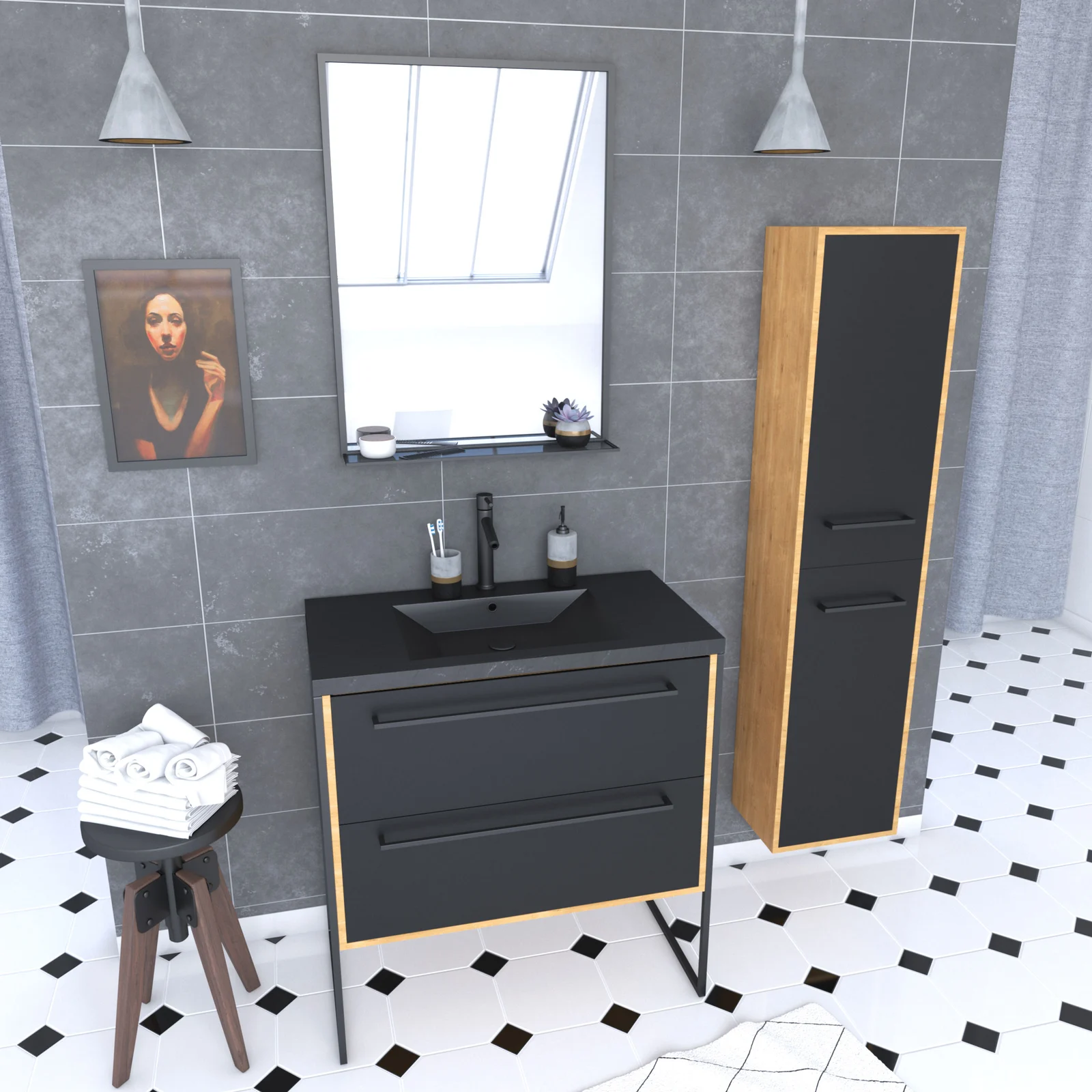 Meuble salle de bain 2 vasques en pierre noire et bois Églantine
