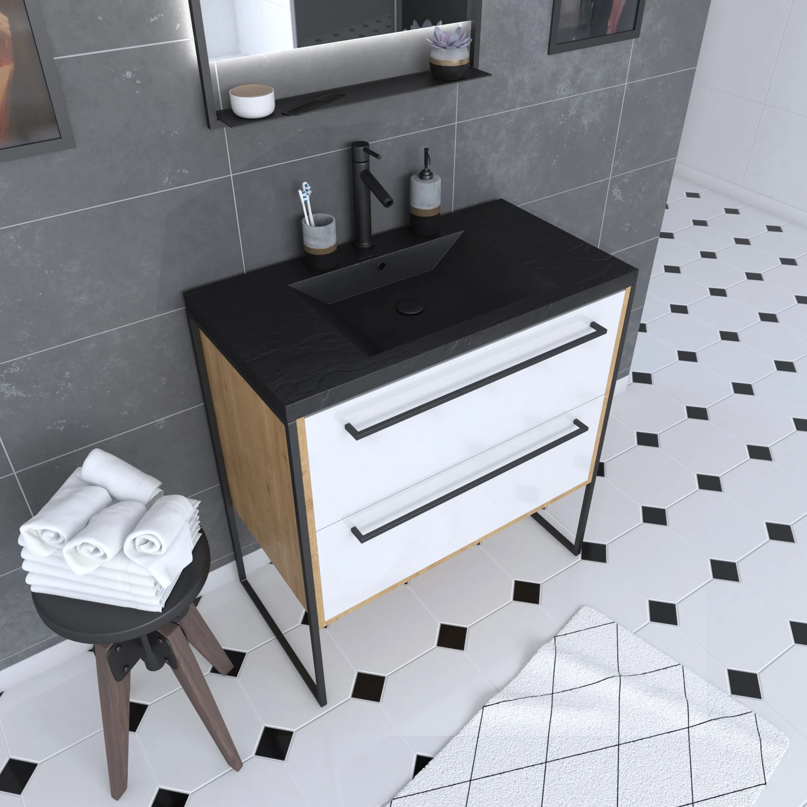 Meuble de salle de bain 80x50cm - vasque noir effet pierre 80x50cm - 2 tiroirs Meuble de salle de bain 80x50cm - vasque noir effet pierre 80x50cm - 2 tiroirs