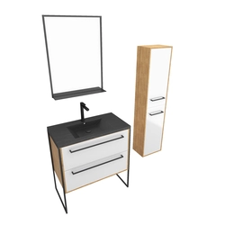 Meuble de salle de bain 80x50cm - vasque noir effet pierre 80x50cm - 2 tiroirs - colonne - miroir