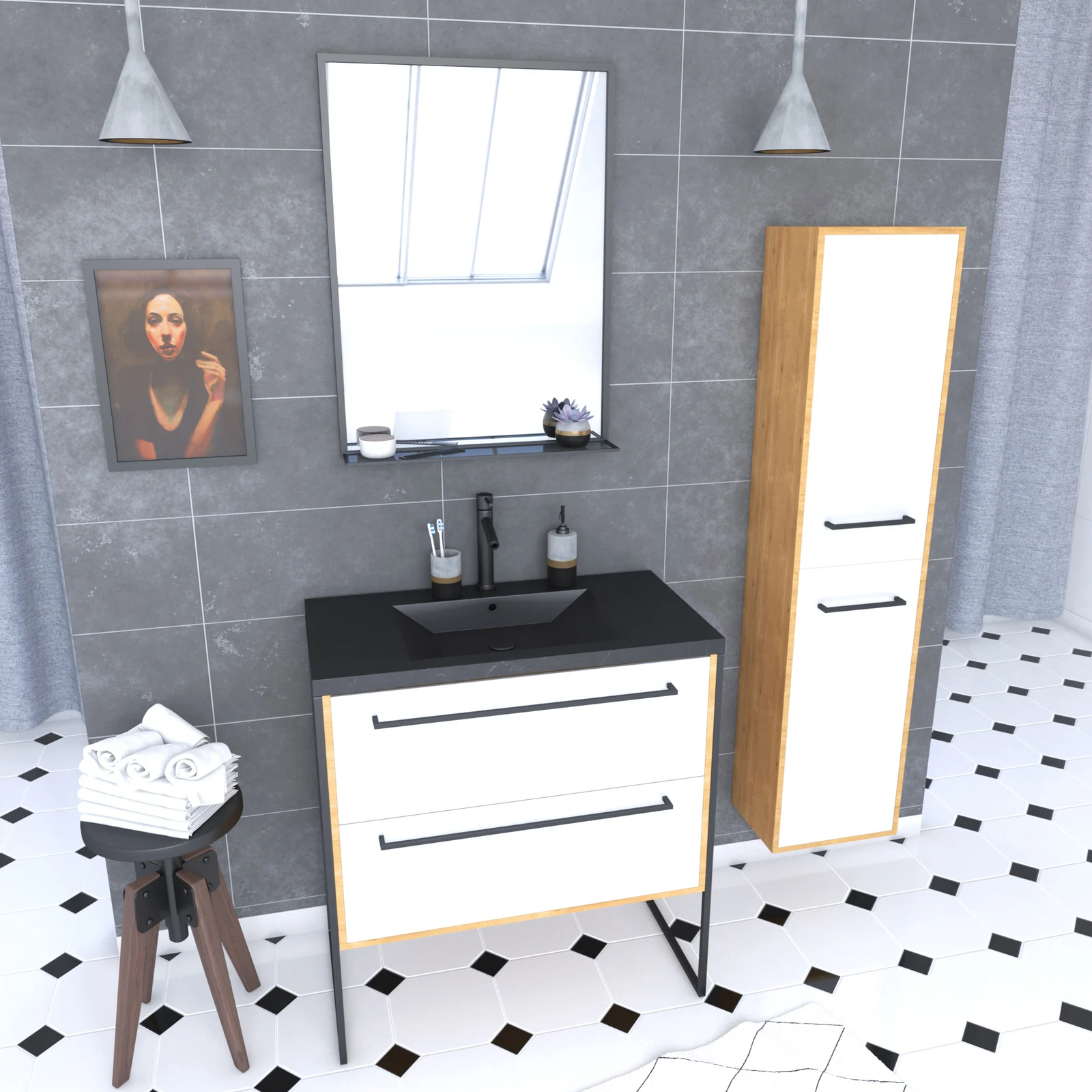 Meuble de salle de bain 80x50cm - vasque noir effet pierre 80x50cm - 2 tiroirs - colonne - miroir Meuble de salle de bain 80x50cm - vasque noir effet pierre 80x50cm - 2 tiroirs - colonne - miroir