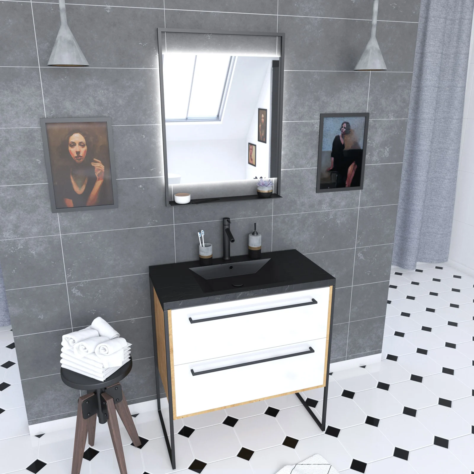 Meuble de salle de bain 80x50cm - vasque noir effet pierre 80x50cm - 2 tiroirs - miroir led Meuble de salle de bain 80x50cm - vasque noir effet pierre 80x50cm - 2 tiroirs - miroir led