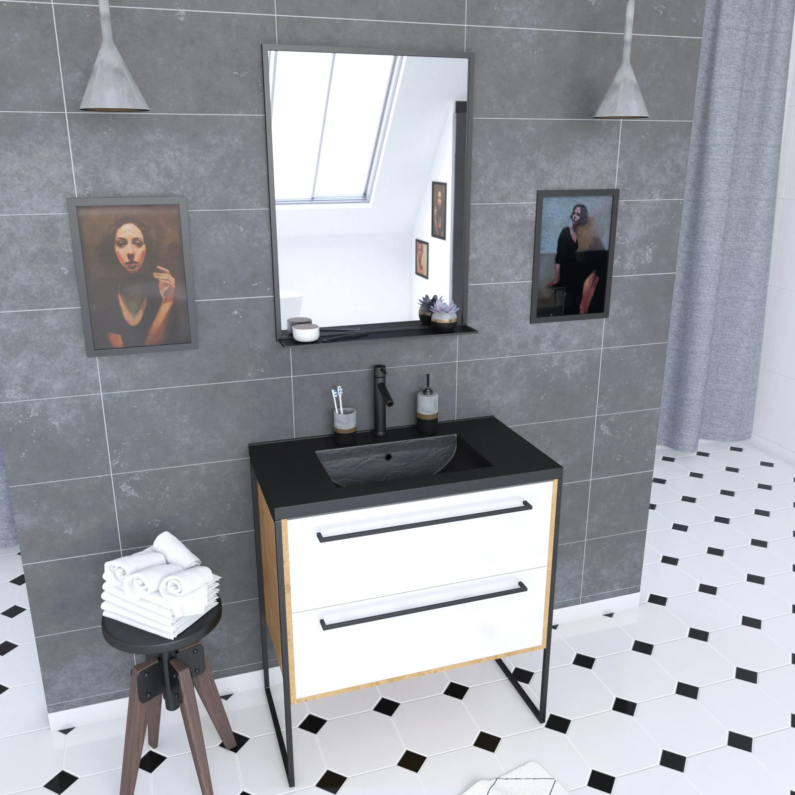 Meuble de salle de bain 80x50cm - vasque noir effet pierre 80x50cm - 2 tiroirs + miroir Meuble de salle de bain 80x50cm - vasque noir effet pierre 80x50cm - 2 tiroirs + miroir