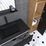 Meuble de salle de bain 80x50cm - vasque noir effet pierre -tiroirs noir mat + colonne + mirroir 