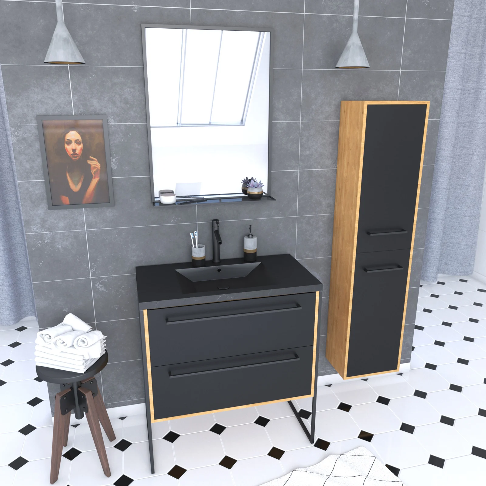 Meuble de salle de bain 80x50cm - vasque noir effet pierre -tiroirs noir mat + colonne + mirroir Meuble de salle de bain 80x50cm - vasque noir effet pierre -tiroirs noir mat + colonne + mirroir