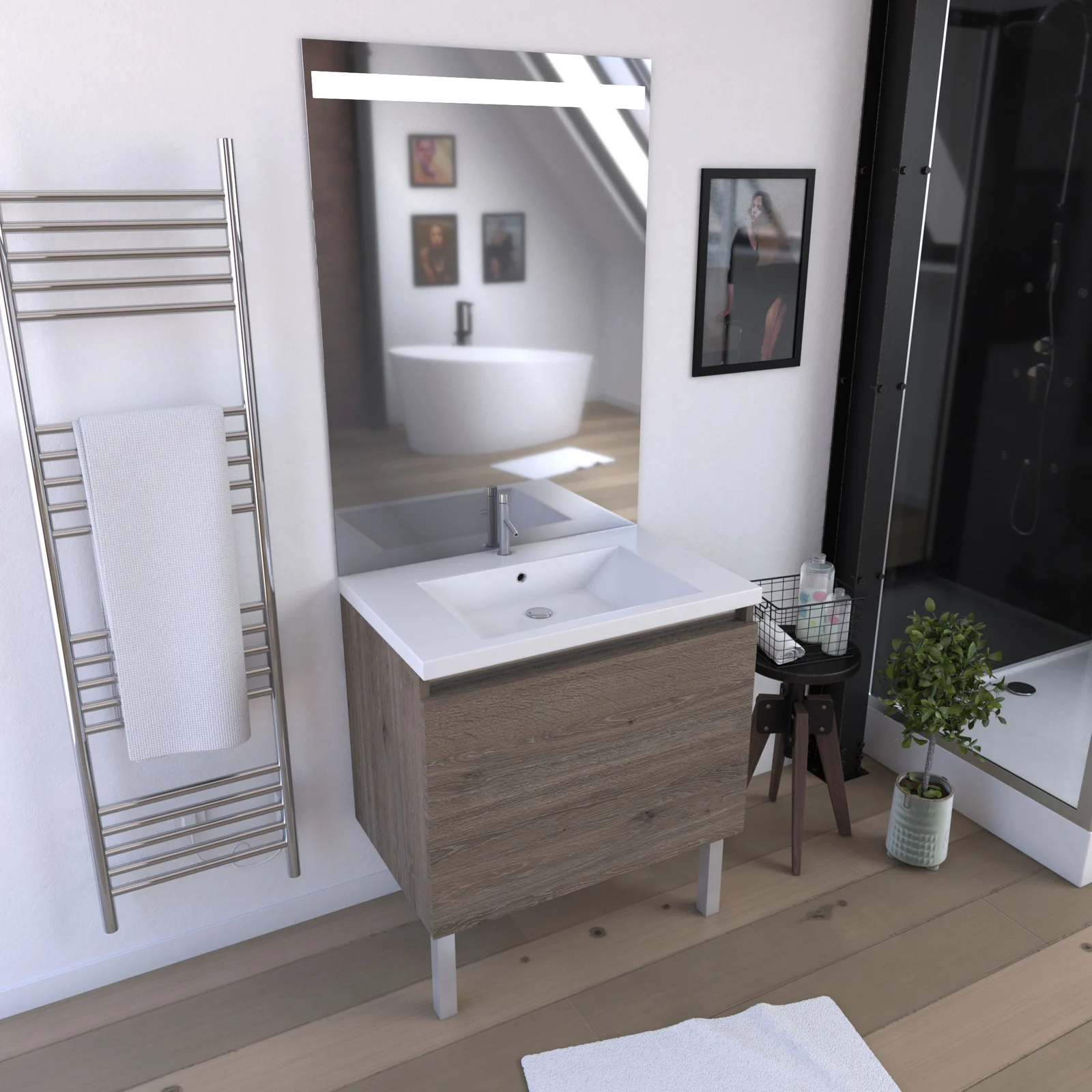 Meuble de salle de bain 80x50x89cm en MDF effet chêne naturel - 2 tiroirs dont 1 tiroir à l'anglaise - avec miroir LED - ORGANIC 80 BROWN Meuble de salle de bain 80x50x89cm en MDF effet chêne naturel - 2 tiroirs dont 1 tiroir à l'anglaise - avec miroir LED - ORGANIC 80 BROWN