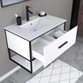 Meuble de salle de bain blanc 1 tiroir + vasque céramique et miroir cadre noir mat - THINK 80