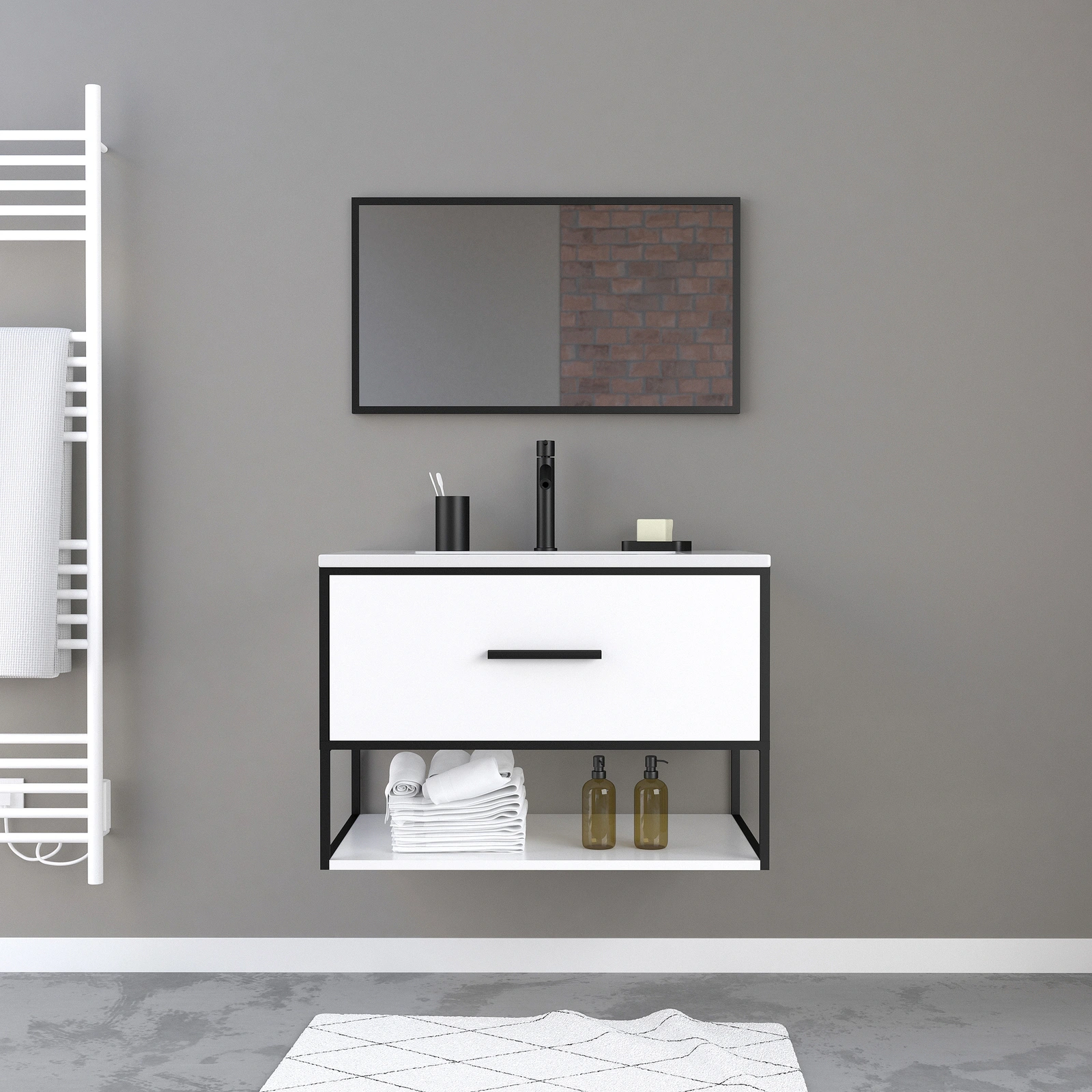 Meuble de salle de bain blanc 1 tiroir + vasque céramique et miroir cadre noir mat - THINK 80 Meuble de salle de bain blanc 1 tiroir + vasque céramique et miroir cadre noir mat - THINK 80