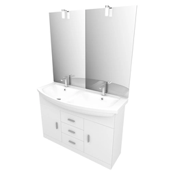 Meuble de salle de bain blanc double vasque 120cm sur pied + vasque ceramique blanche + miroir led
