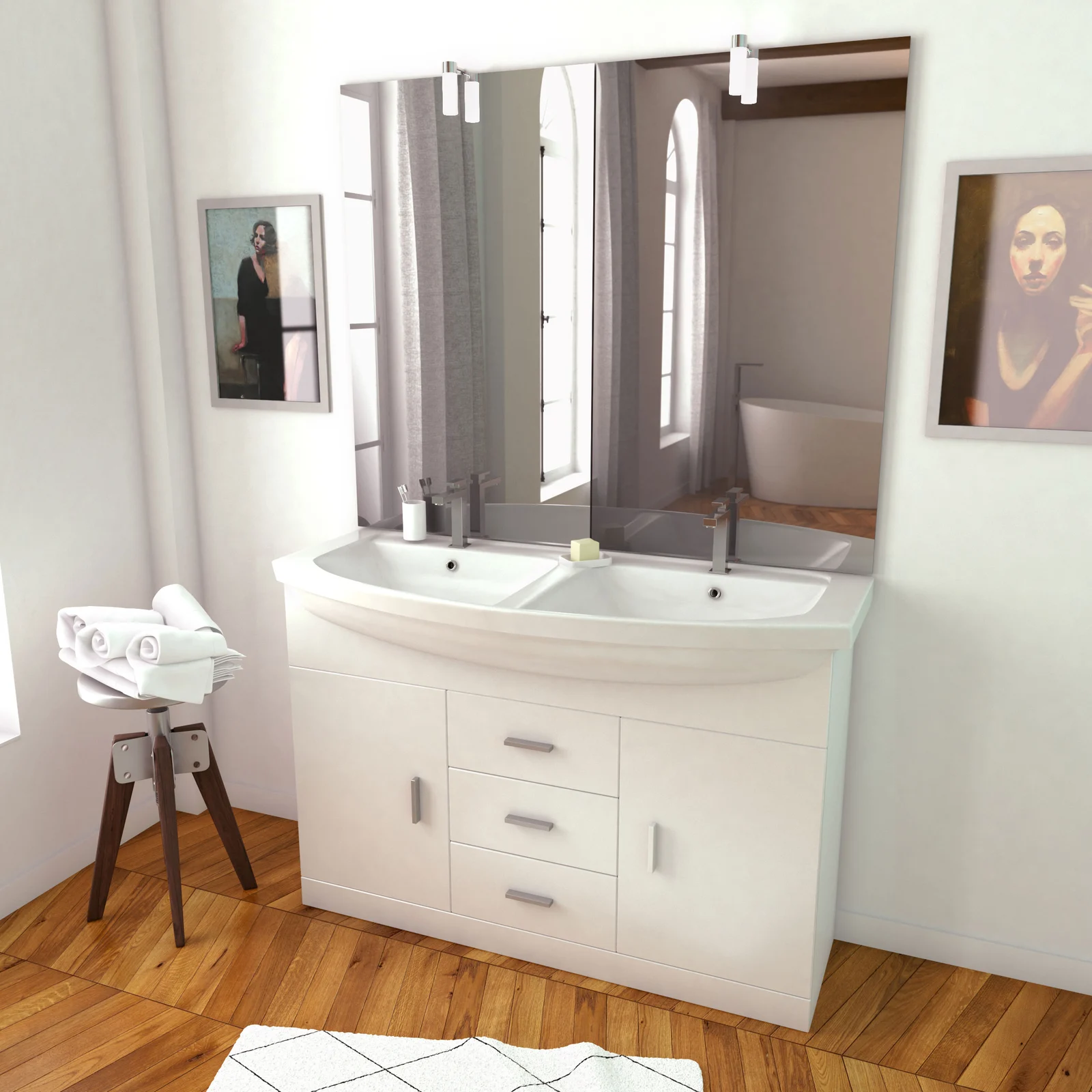 Meuble de salle de bain blanc double vasque 120cm sur pied + vasque ceramique blanche + miroir led Meuble de salle de bain blanc double vasque 120cm sur pied + vasque ceramique blanche + miroir led