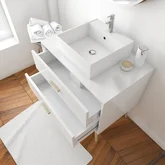 MEUBLE DE SALLE DE BAIN SCANDINAVE BLANC 80 CM SUR PIEDS AVEC TIROIRS - VASQUE A POSER ET MIROIR