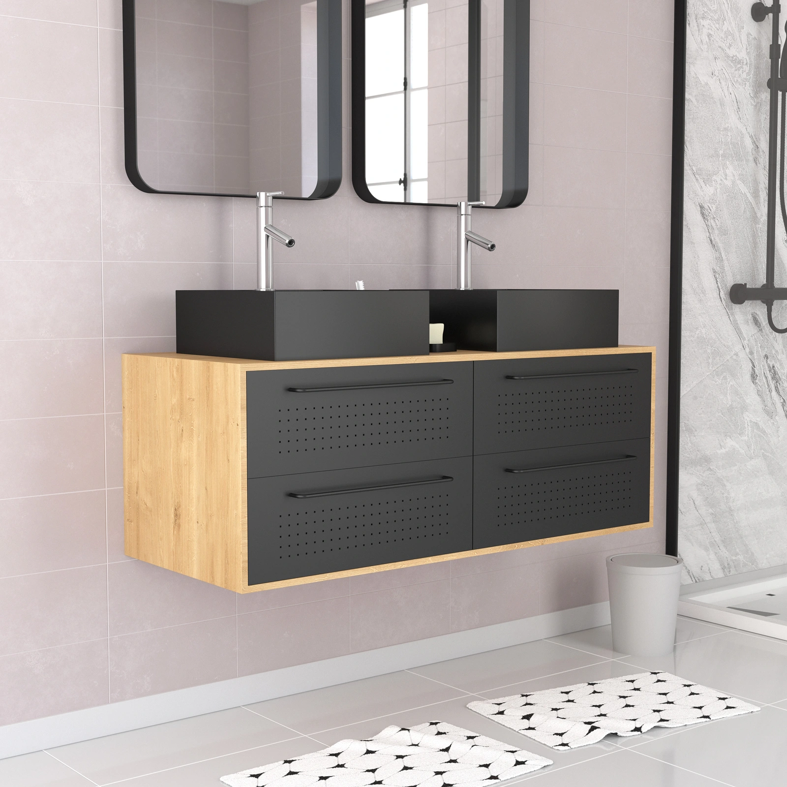 Meuble de Salle de Bains 120 cm - 2 Vasques Carrées - Chêne naturel et Noir Mat - UBY