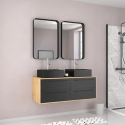 Meuble de Salle de Bains 120 cm_2 Vasques Carrées_2 miroirs - Chêne naturel et Noir Mat - UBY