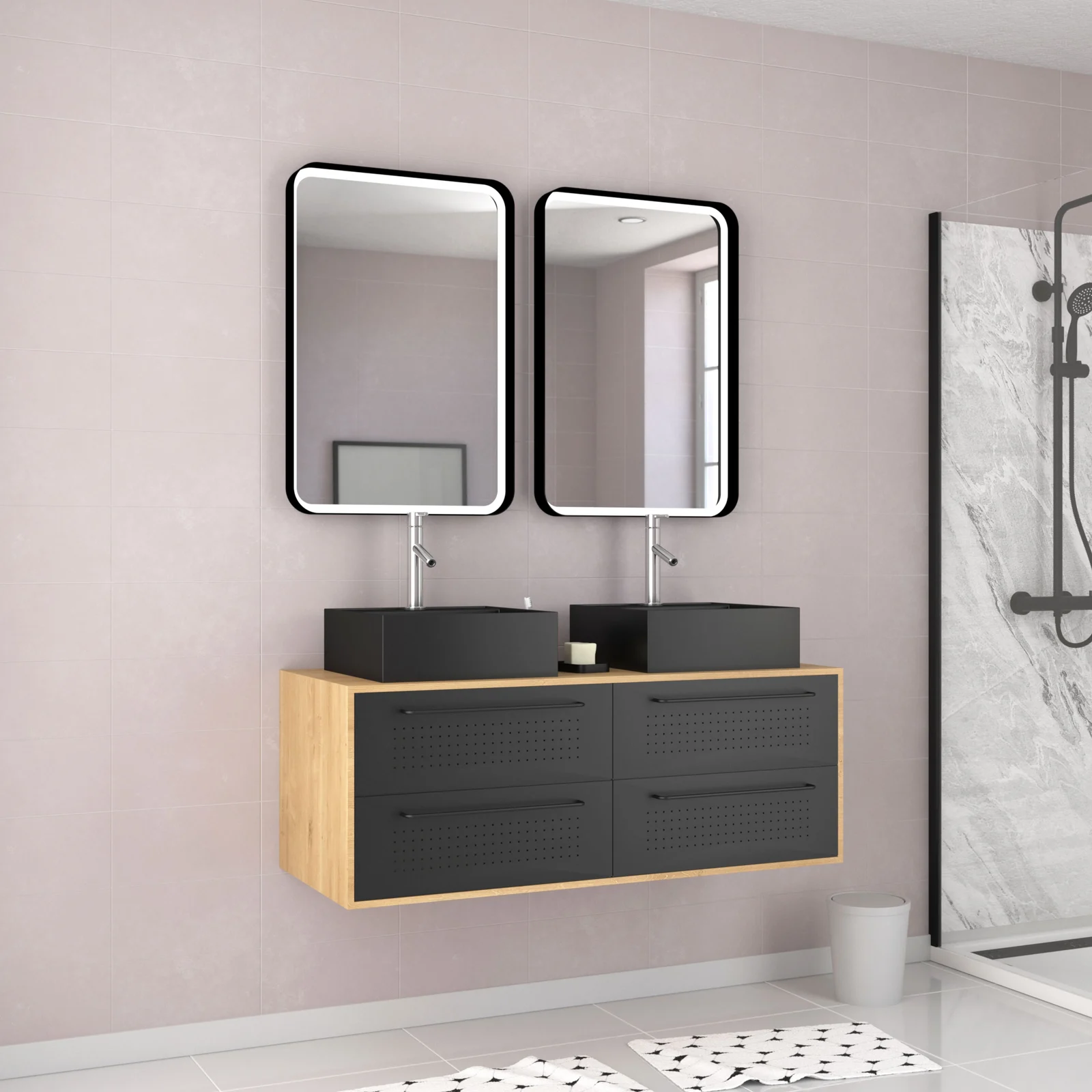 Meuble de Salle de Bains 120 cm_2 Vasques Carrées_2 miroirs Led - Chêne naturel et Noir Mat - UBY Meuble de Salle de Bains 120 cm_2 Vasques Carrées_2 miroirs Led - Chêne naturel et Noir Mat - UBY