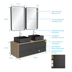 Meuble de Salle de Bains 120 cm_2 Vasques Carrées_2 miroirs Led - Chêne naturel et Noir Mat - UBY