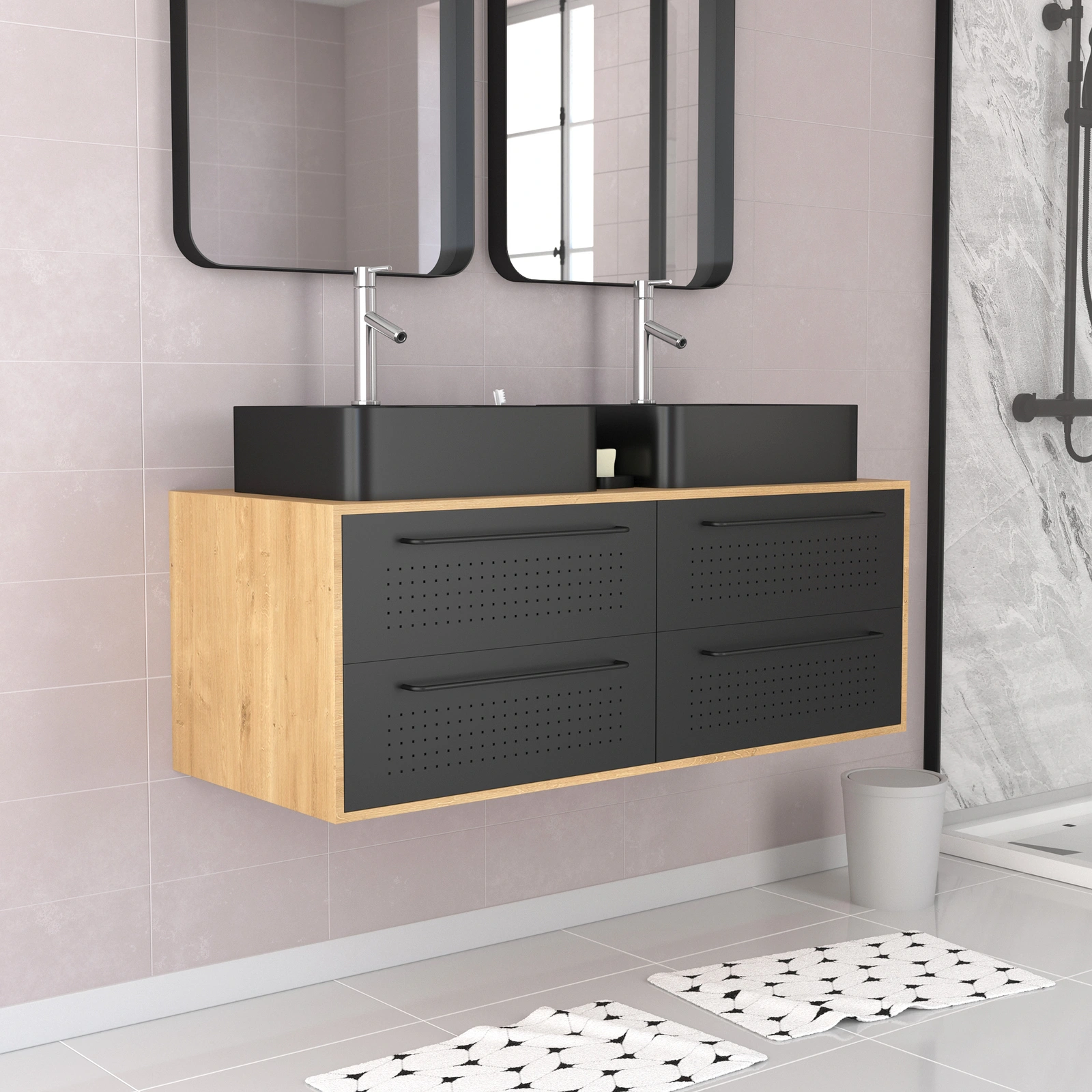 Meuble de Salle de Bains 120 cm - 2 Vasques Rectangles - Chêne naturel et Noir Mat - UBY Meuble de Salle de Bains 120 cm - 2 Vasques Rectangles - Chêne naturel et Noir Mat - UBY