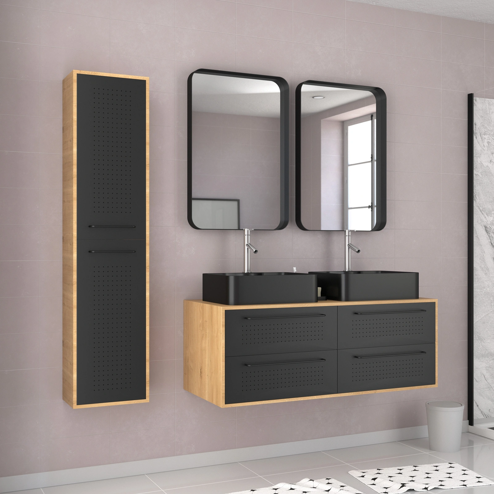 Meuble de Salle de Bains 120 cm - 2 Vasques Rectangles et Colonne - Chêne naturel et Noir Mat - UBY Meuble de Salle de Bains 120 cm - 2 Vasques Rectangles et Colonne - Chêne naturel et Noir Mat - UBY