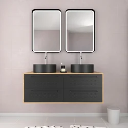 Meuble de Salle de Bains 120 cm_2 Vasques Rondes_2 miroirs Led - Chêne naturel et Noir Mat - UBY