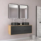 Meuble de Salle de Bains 120 cm_2 Vasques Rondes_2 miroirs Led - Chêne naturel et Noir Mat - UBY