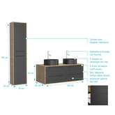 Meuble de Salle de Bains 120 cm - 2 Vasques Rondes et Colonne - Chêne naturel et Noir Mat - UBY