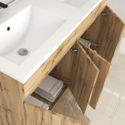 Meuble de salle de bains 120cm 4 Portes_Chêne Industriel + Vasque céramique blanche - TIMBER 120