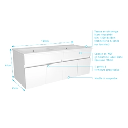 Meuble de salle de bains 120cm Blanc 4 portes suspendu + vasque céramique blanche - STARTED