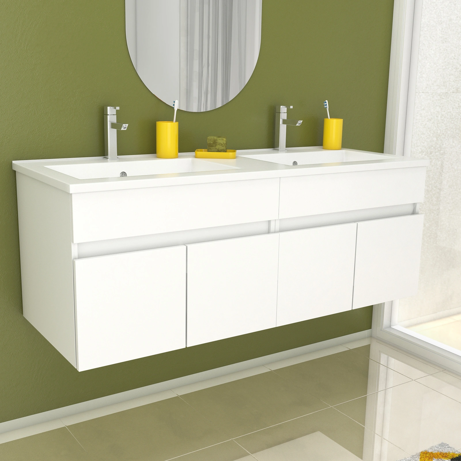 Meuble de salle de bains 120cm Blanc 4 portes suspendu + vasque céramique blanche - STARTED Meuble de salle de bains 120cm Blanc 4 portes suspendu + vasque céramique blanche - STARTED