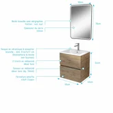 Meuble de Salle de Bains 50cm 2 Tiroirs Décor Chêne - Vasque Blanche et Miroir Led 50x70 Bords Noirs