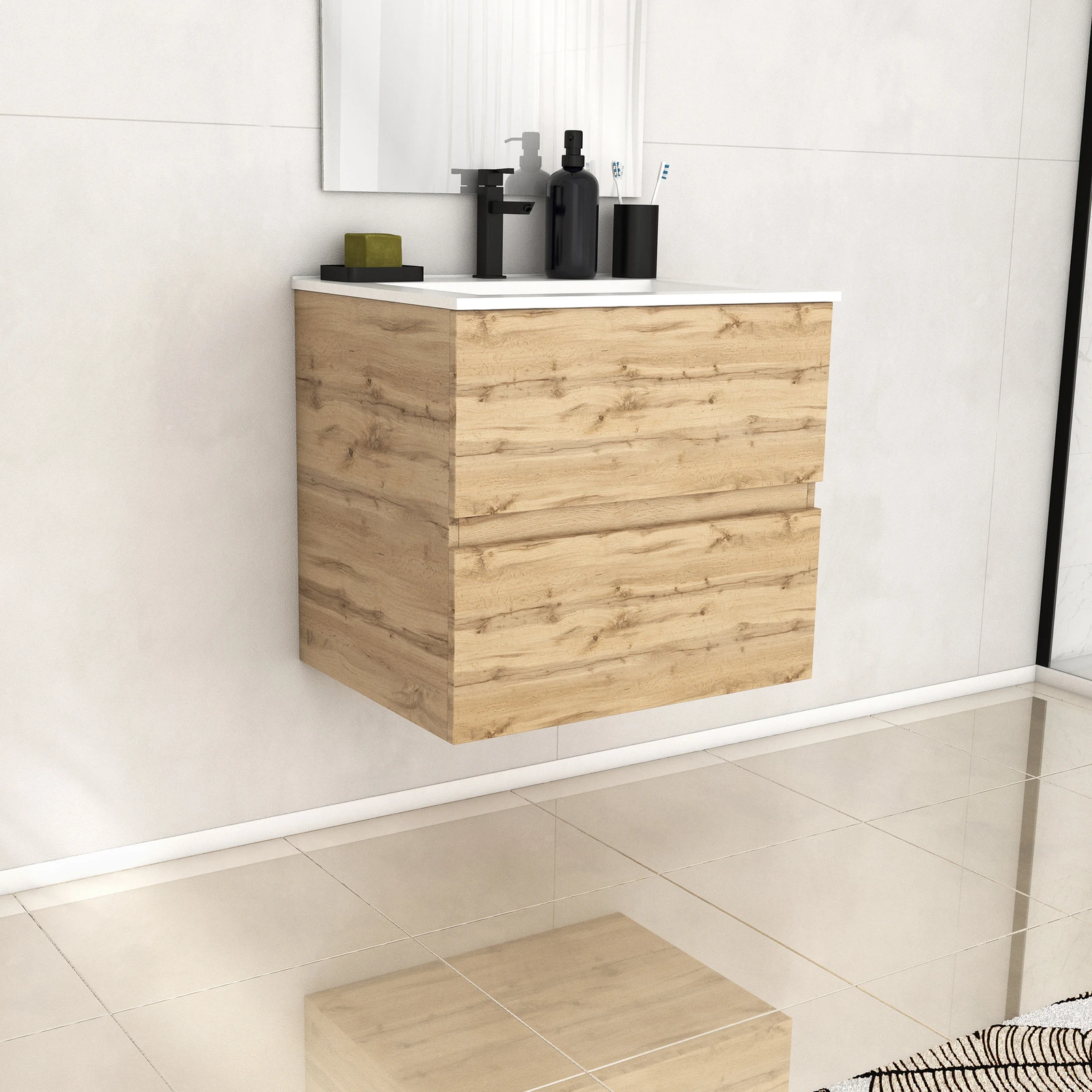 Meuble de salle de bains 60cm 2 Tiroirs_Chêne Industriel + Vasque céramique blanche - TIMBER 60 Meuble de salle de bains 60cm 2 Tiroirs_Chêne Industriel + Vasque céramique blanche - TIMBER 60