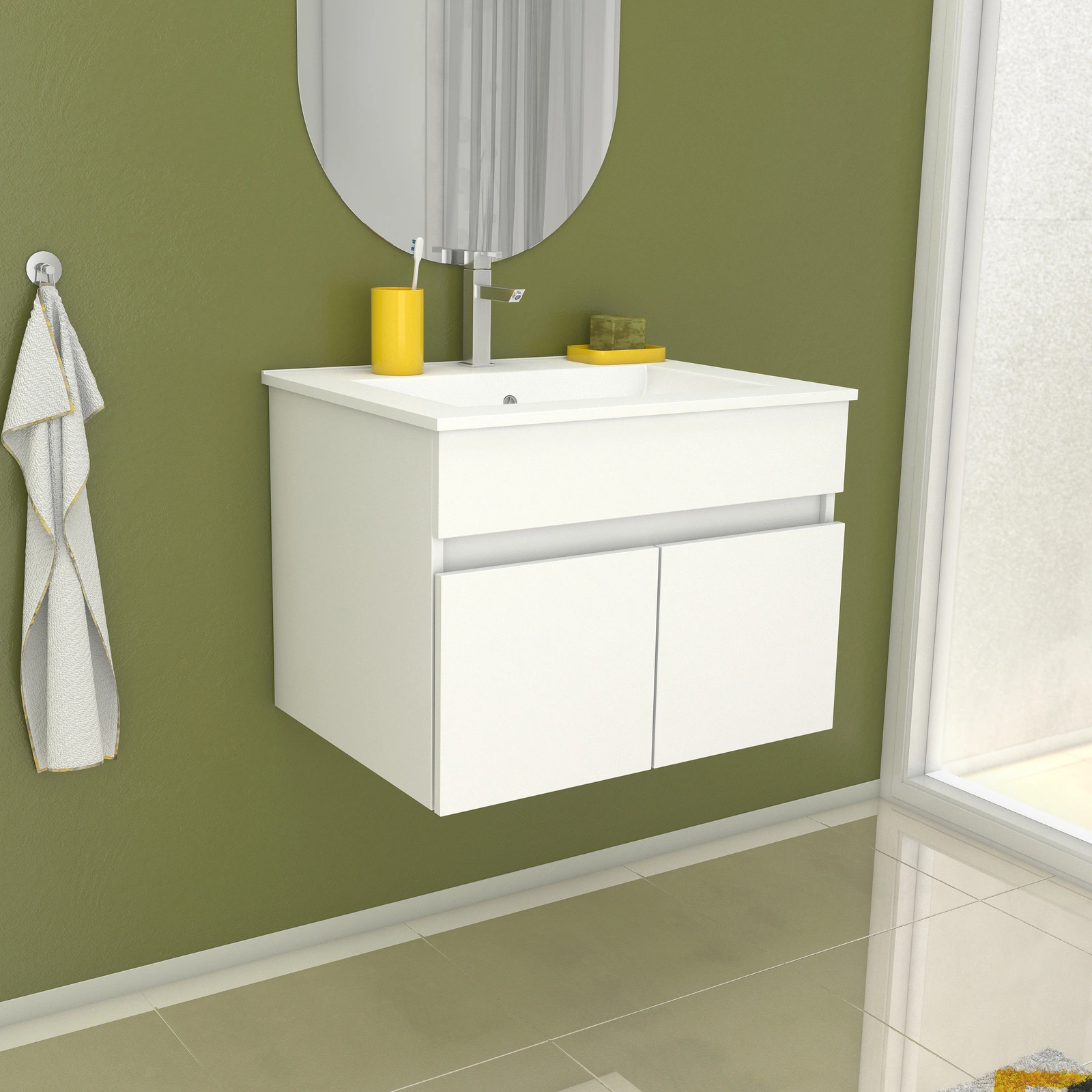 Meuble de salle de bains 60cm Blanc 2 portes suspendu + vasque céramique blanche - STARTED