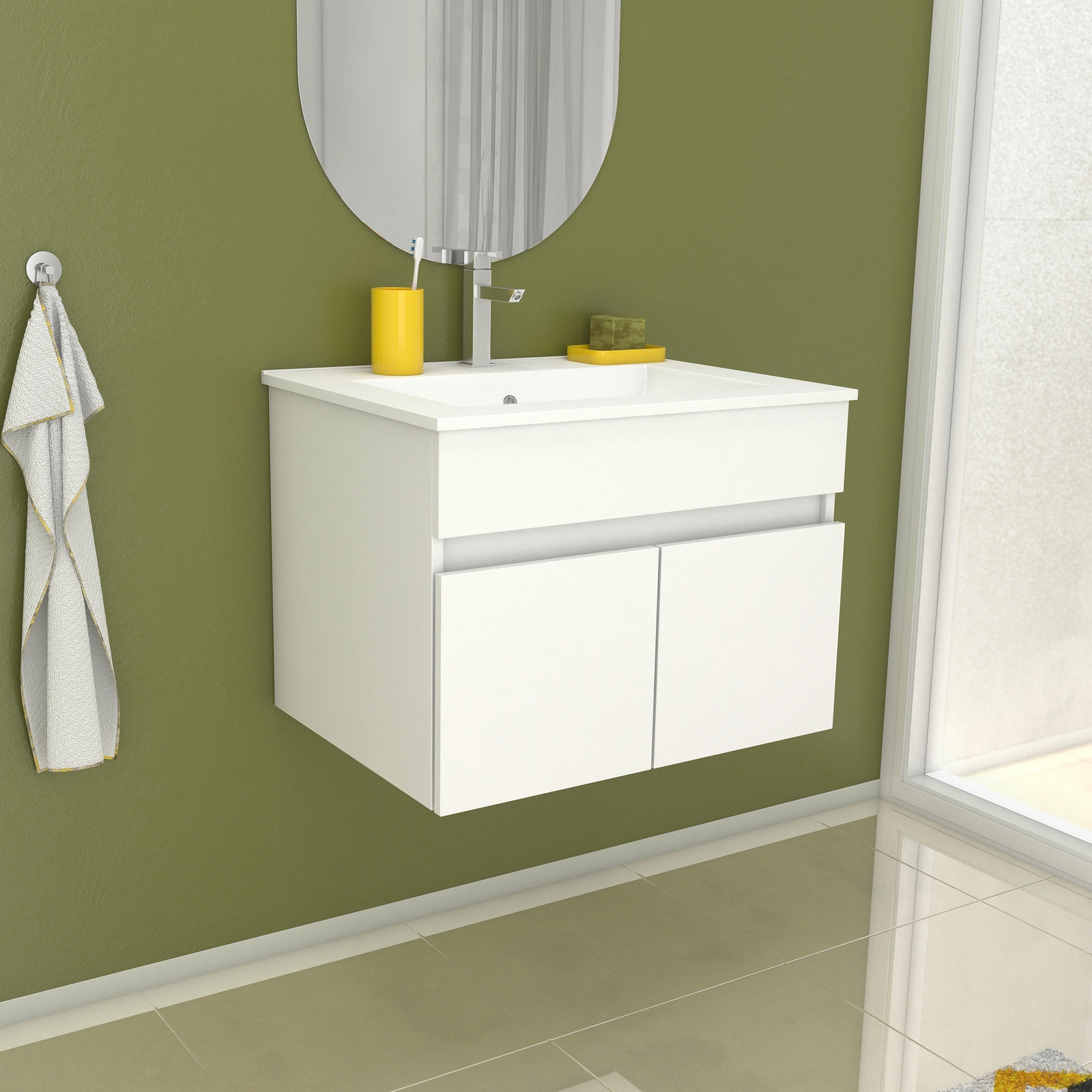 Meuble de salle de bains 60cm Blanc 2 portes suspendu + vasque céramique blanche - STARTED Meuble de salle de bains 60cm Blanc 2 portes suspendu + vasque céramique blanche - STARTED