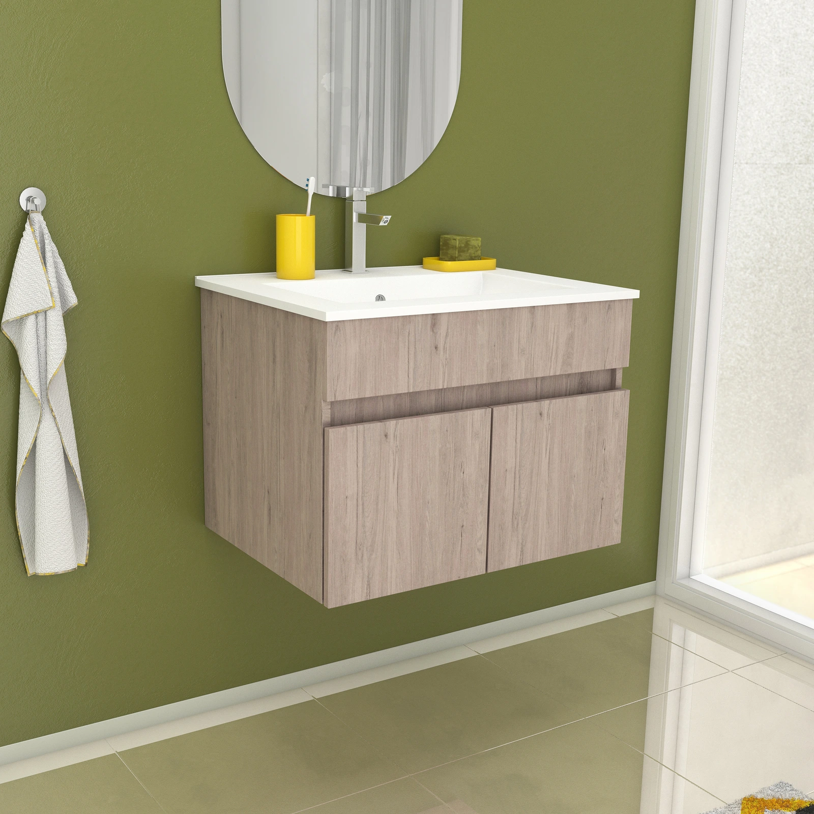 Meuble de salle de bains 60cm Chêne Celtic 2 portes suspendu + vasque céramique blanche - STARTED Meuble de salle de bains 60cm Chêne Celtic 2 portes suspendu + vasque céramique blanche - STARTED
