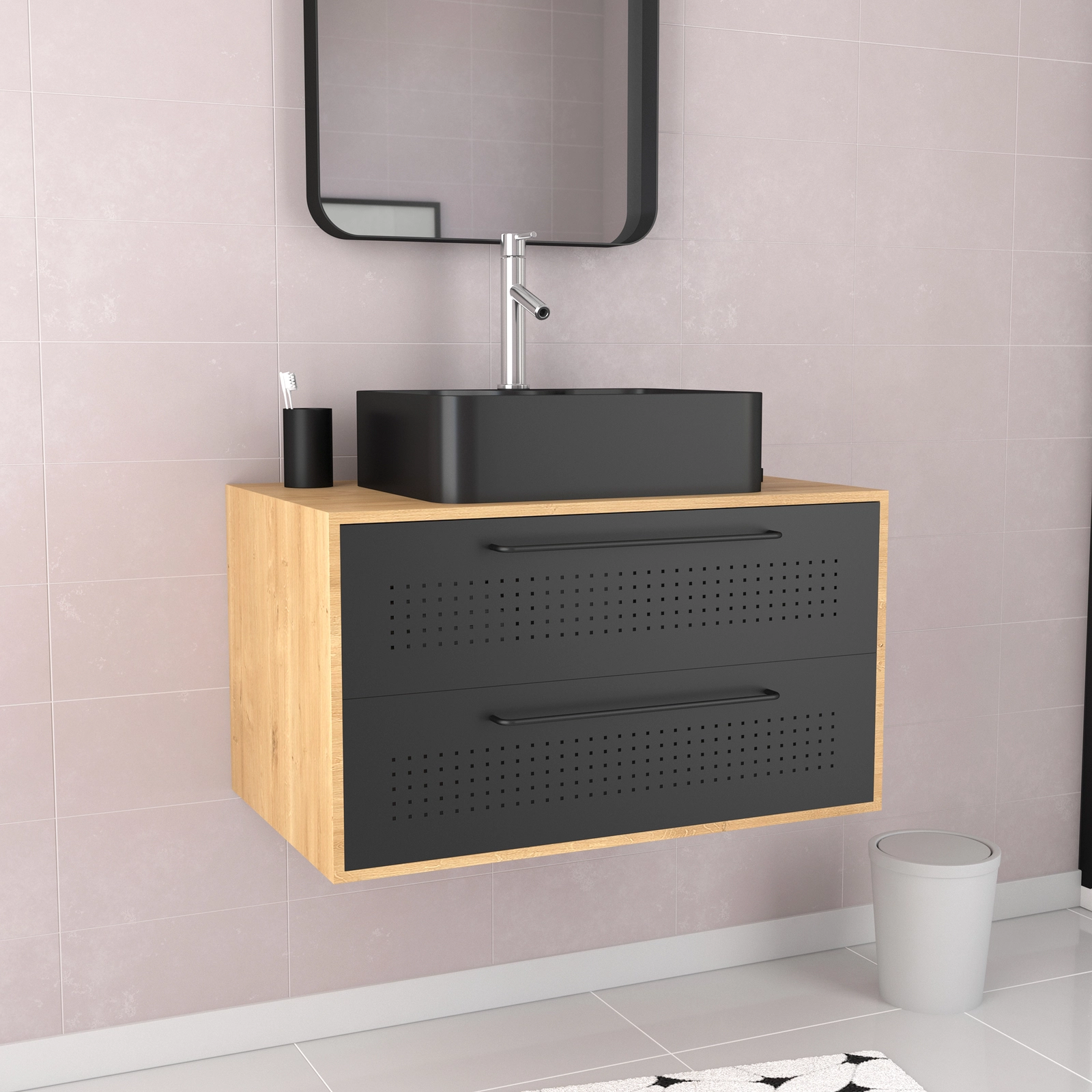 Meuble de Salle de Bains 80 cm avec Vasque Rectangulaire - Finition Chêne naturel et Noir Mat - UBY