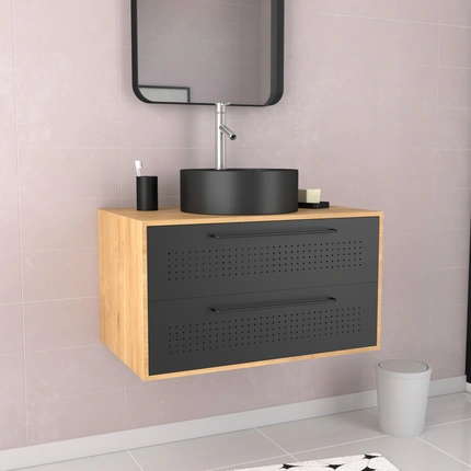 Meuble de Salle de Bains 80 cm avec Vasque Ronde - Finition Chêne naturel et Noir Mat - UBY