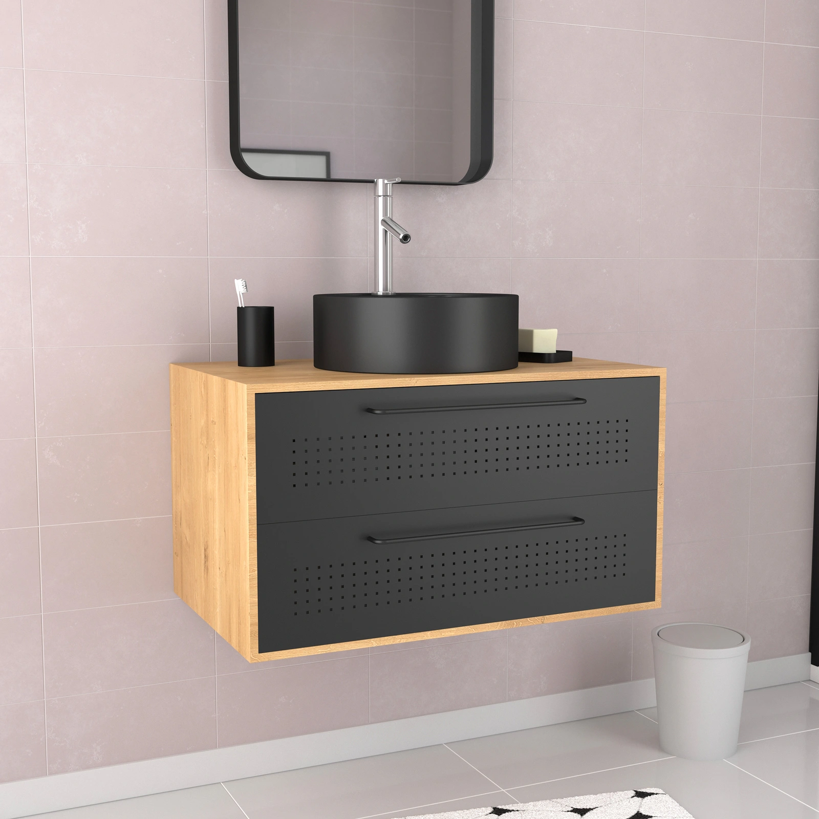 Meuble de Salle de Bains 80 cm avec Vasque Ronde - Finition Chêne naturel et Noir Mat - UBY Meuble de Salle de Bains 80 cm avec Vasque Ronde - Finition Chêne naturel et Noir Mat - UBY