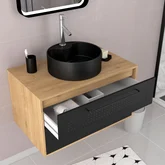 Meuble de Salle de Bains 80 cm, Vasque Ronde et Miroir Led - Chêne naturel et Noir Mat - UBY