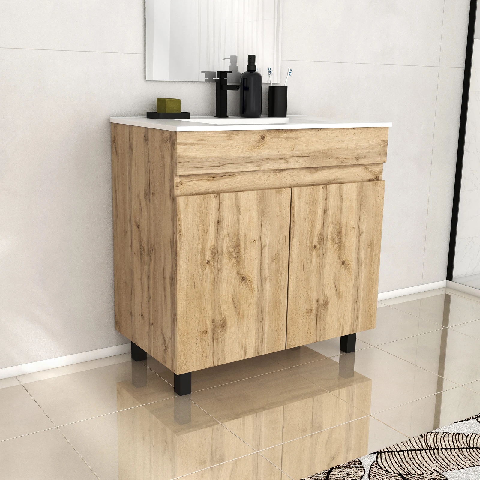 Meuble de salle de bains 80cm 2 Portes_Chêne Industriel + Vasque céramique blanche - TIMBER 80 Meuble de salle de bains 80cm 2 Portes_Chêne Industriel + Vasque céramique blanche - TIMBER 80
