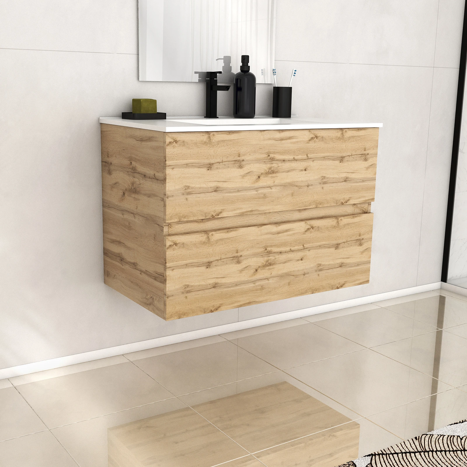 Meuble de salle de bains 80cm 2 Tiroirs_Chêne Industriel + Vasque céramique blanche - TIMBER 80 Meuble de salle de bains 80cm 2 Tiroirs_Chêne Industriel + Vasque céramique blanche - TIMBER 80