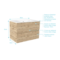 Meuble de salle de bains 80cm 2 Tiroirs_Chêne Industriel + Vasque céramique blanche - TIMBER 80